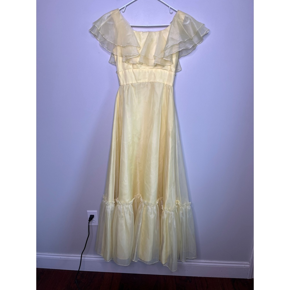 1970s Lorrie Deb Butter Yellow Prairie Chiffon Ruffle Romantic Prom Dress M
